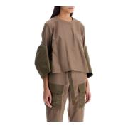 Twee-materialen Sculpturale Top met Nylonpanelen Sacai , Beige , Dames