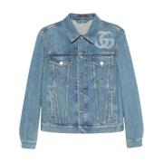 Denim Katoen Blauw Logo Jas Gucci , Blue , Heren