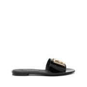 Zwarte Leren Instap Sandalen met Gouden Logo Dolce & Gabbana , Black ,...