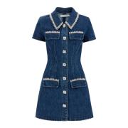 Denim overhemd-stijl mini-jurk met kristallen Self Portrait , Blue , D...