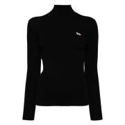 Vos Patch Geribbelde Coltrui Sweater Maison Kitsuné , Black , Dames