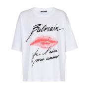 Kiss Print Script Logo T-Shirt Balmain , White , Dames