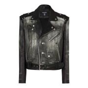 Leren motorjack met denimprint Balmain , Black , Heren