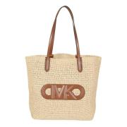 Gevlochten Stro Tote Tas met Leren Handvatten Michael Kors , Brown , D...