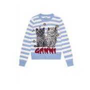 Gestreepte Kat Grafische Crewneck Sweater Ganni , Blue , Dames