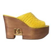 Gele Leren Houten Sleehak Slippers Dolce & Gabbana , Yellow , Dames