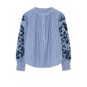 Geborduurde Blouse met Smok Manchetten Gustav , Blue , Dames