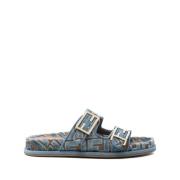 Blauwe Dubbele Gesp Platte Sandalen Fendi , Blue , Dames