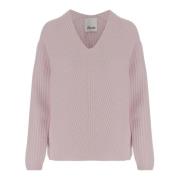 Geribbelde Cashmere V-Hals Trui Roze Allude , Pink , Dames