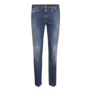 Stretch denim blauwe jeans met leren patch Fay , Blue , Heren