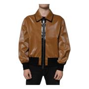 Bruin Leren Bomberjack met Logo Dolce & Gabbana , Brown , Heren