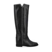 Zwarte leren laarzen met zilveren studs Via Roma 15 , Black , Dames