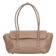 Dames Beige Leren Schoudertas met Lange Handvatten Estro , Beige , Dam...