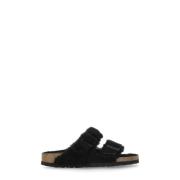 Zwarte Lamb Fur Sleepers met Logoed Gespen Birkenstock , Black , Dames