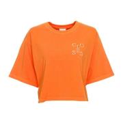 Geribbelde Ronde Hals T-Shirt Closed , Orange , Dames