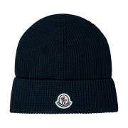 Logo Patch Beanie Hat van katoenbreisel Moncler , Black , Heren