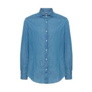 Blauw Katoenen Chambray Overhemd Met Kraag Brunello Cucinelli , Blue ,...