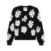 Zwarte Crew Neck Sweater met Logo Patch Moschino , Black , Dames