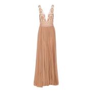 Beige Maxi Jurk met Tule en Kralen Detail Elisabetta Franchi , Beige ,...