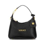 Zwarte Leren Schoudertas met Rits Versace , Black , Dames