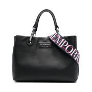 Logo-Plaque Leren Tote Bag Emporio Armani , Black , Dames