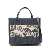 Blauw Beige Denim Tote Tas Salvatore Ferragamo , Blue , Dames