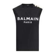 Geribbelde Crew Neck Mouwloze Katoenen Top Balmain , Black , Dames