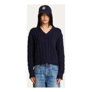 Navy Cable V-Neck Sweater Denimist , Blue , Dames