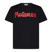 Zwart Katoenen Jersey T-Shirt met Rood Logo Alexander McQueen , Black ...