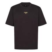 Zwarte Crew Neck T-shirt met Gouden Glitter Fendi , Black , Heren