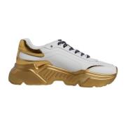 Witte Gouden Leren Sneakers met Logo Dolce & Gabbana , White , Dames