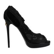 Zwarte Kant Stretch Laarzen met Leren Zool Dolce & Gabbana , Black , D...