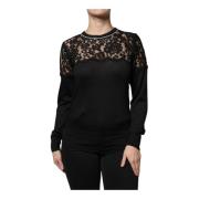 Zwarte Bloemenkant Zijden Blousetop Dolce & Gabbana , Black , Dames