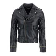 Zwarte gewaxte leren motorjas Golden Goose , Black , Heren