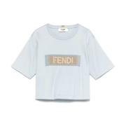 Blauw Lint Trim Crew Neck T-shirts Fendi , Blue , Dames