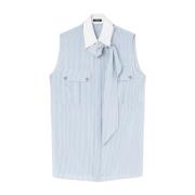 Zijden Gestreepte Shirt Celeste E Bianco Versace , Blue , Dames