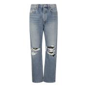 High-Waisted Straight Jeans met Scheuren op de Knieën Agolde , Blue , ...