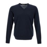 Navy Blue Wol V-Hals Trui Paolo Pecora , Blue , Heren