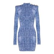 Korte jacquard gebreide jurk met denim effect Balmain , Blue , Dames