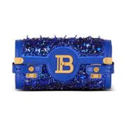 B-Buzz Pouch 23 in leer en geborduurd satijn Balmain , Blue , Dames