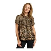 Luipaardprint Korte Mouw Blouse 2-Biz , Brown , Dames