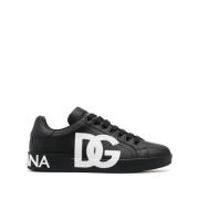 Zwarte Logo Print Leren Sneakers Dolce & Gabbana , Black , Heren