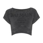 Cropped Couture Geborduurd T-shirt Balmain , Gray , Dames