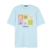 Blauwe Logo Print Crew Neck T-shirts Versace , Blue , Heren