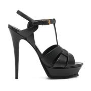 Zwarte Leren Plateau Sandalen Saint Laurent , Black , Dames