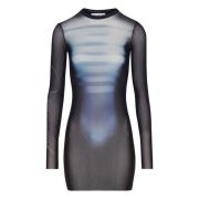 Blauwe Print Korte Jurk met Transparant Ontwerp Jean Paul Gaultier , B...