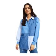 Blauwe Patchwork Shirt met Zak IN Front , Blue , Dames