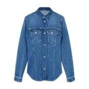 Blauwe Denim Shirt met Drukknopen Versace , Blue , Dames