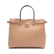 Beige Leren Tote Tas VLogo Detail Valentino Garavani , Beige , Dames