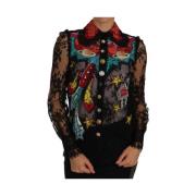 Bloemen kanten blouse met kristallen Dolce & Gabbana , Black , Dames